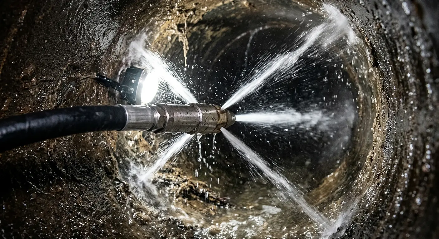 High-pressure hydro jetting nozzle cleaning sewer pipe for Trenchless Sewer Repair in East Bethel