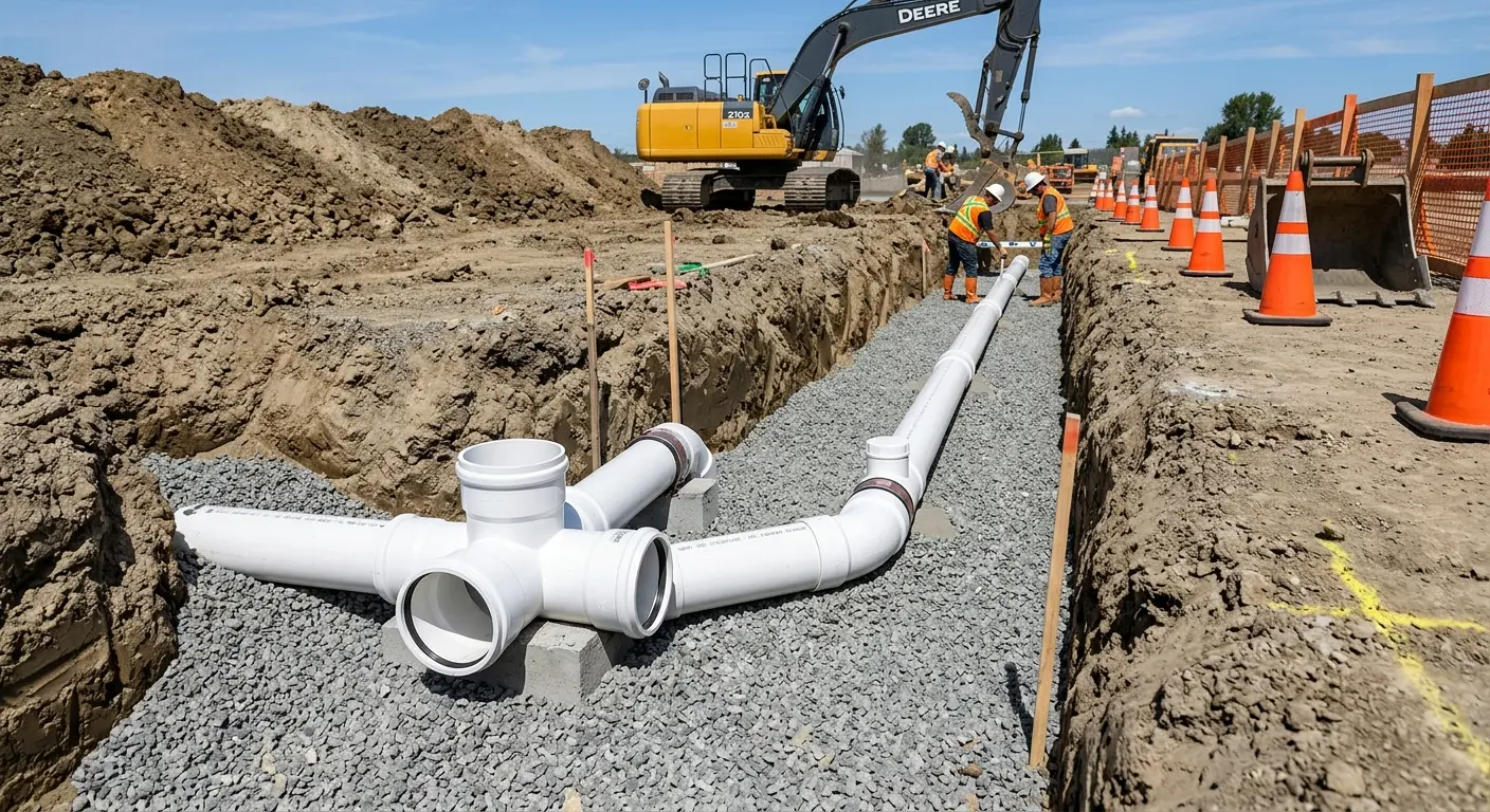 New PVC sewer pipe installation in open trench for Sewer Backup in East Bethel