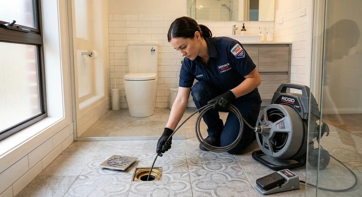 Technician clearing a bathroom floor drain for Clogged Drain Repair in East Bethel